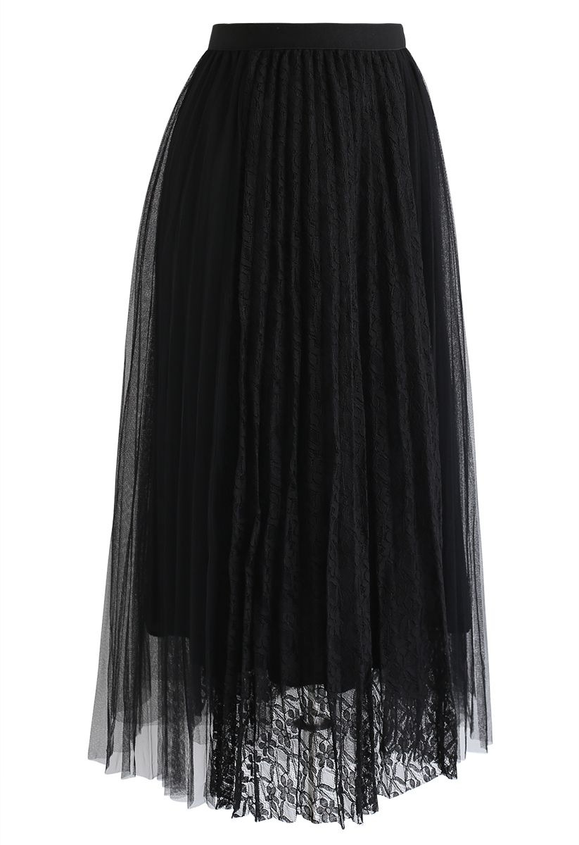 Lace Splicing Tulle Mesh Skirt in Black - Retro, Indie and Unique Fashion