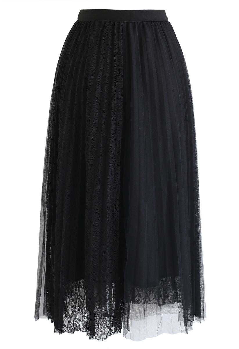 Lace Splicing Tulle Mesh Skirt in Black - Retro, Indie and Unique Fashion