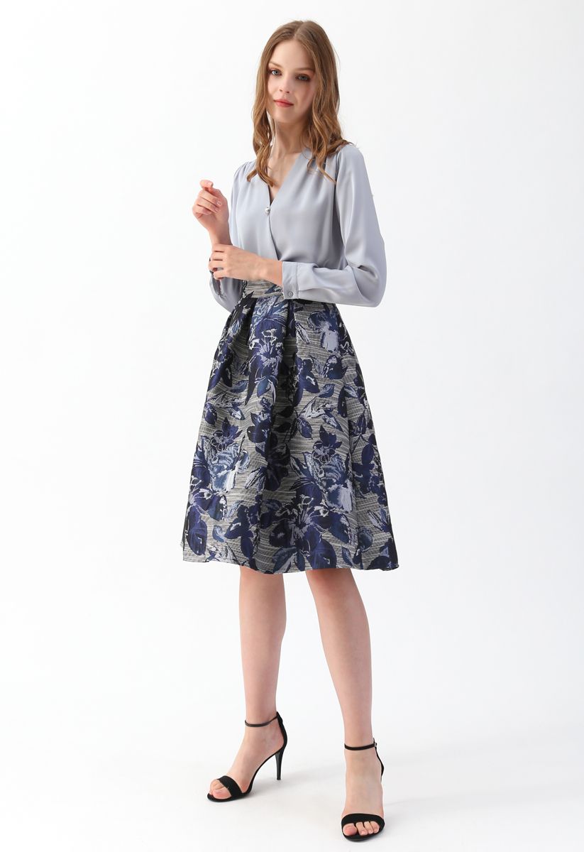 Floral Jacquard A-Line Midi Skirt