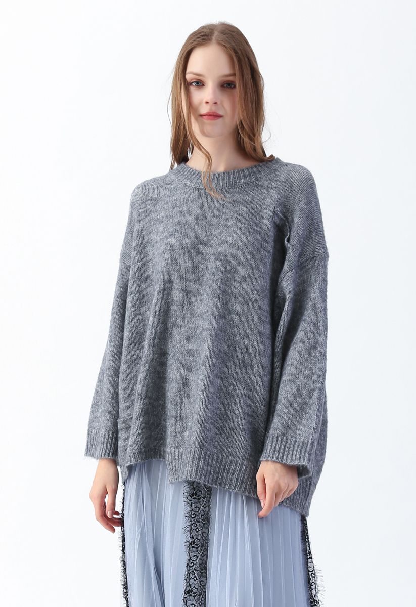 Hi Lo Hem Oversize Knit Sweater In Grey Retro Indie And Unique Fashion