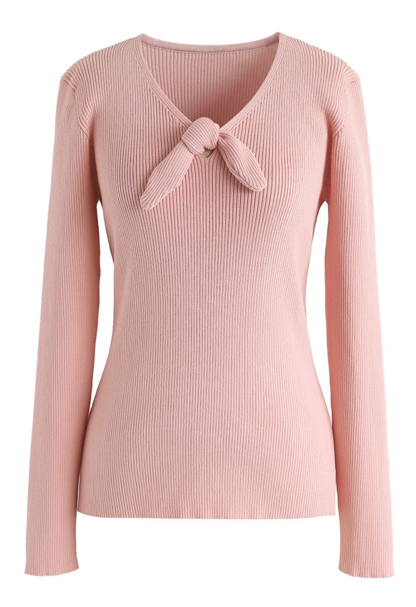 V-Neck Bowknot Long Sleeves Knit Top in Blush Pink