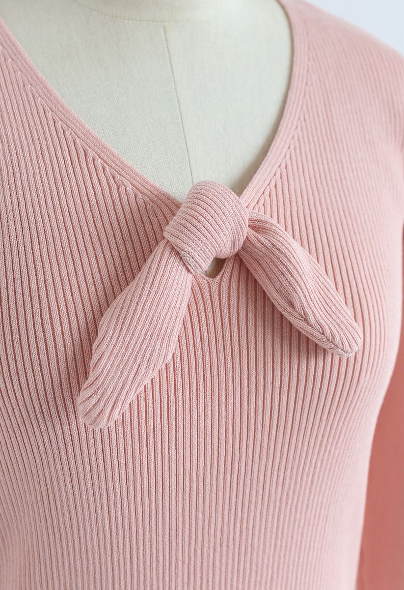 V-Neck Bowknot Long Sleeves Knit Top in Blush Pink