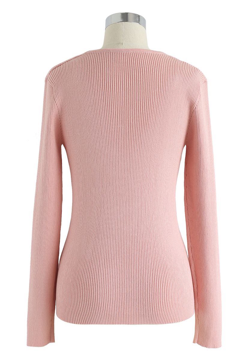 V-Neck Bowknot Long Sleeves Knit Top in Blush Pink - Retro, Indie and ...