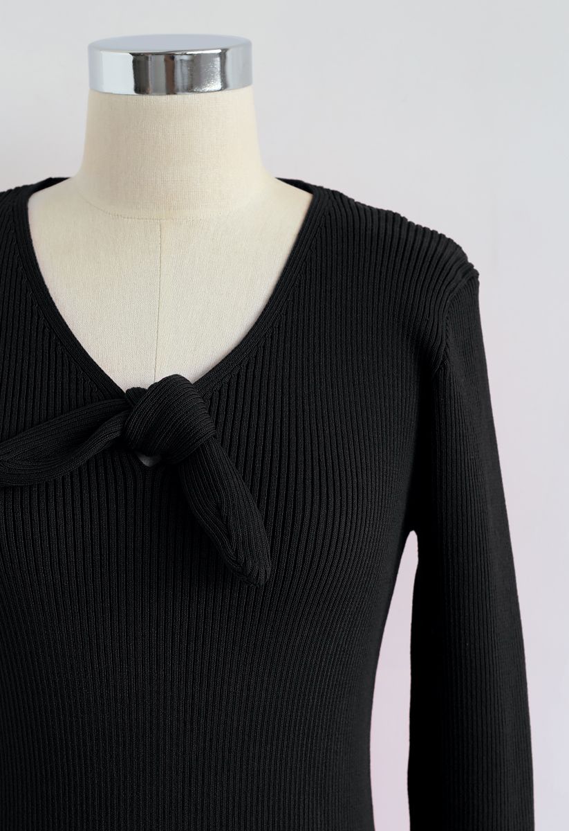 V-Neck Bowknot Long Sleeves Knit Top in Black - Retro, Indie and Unique ...