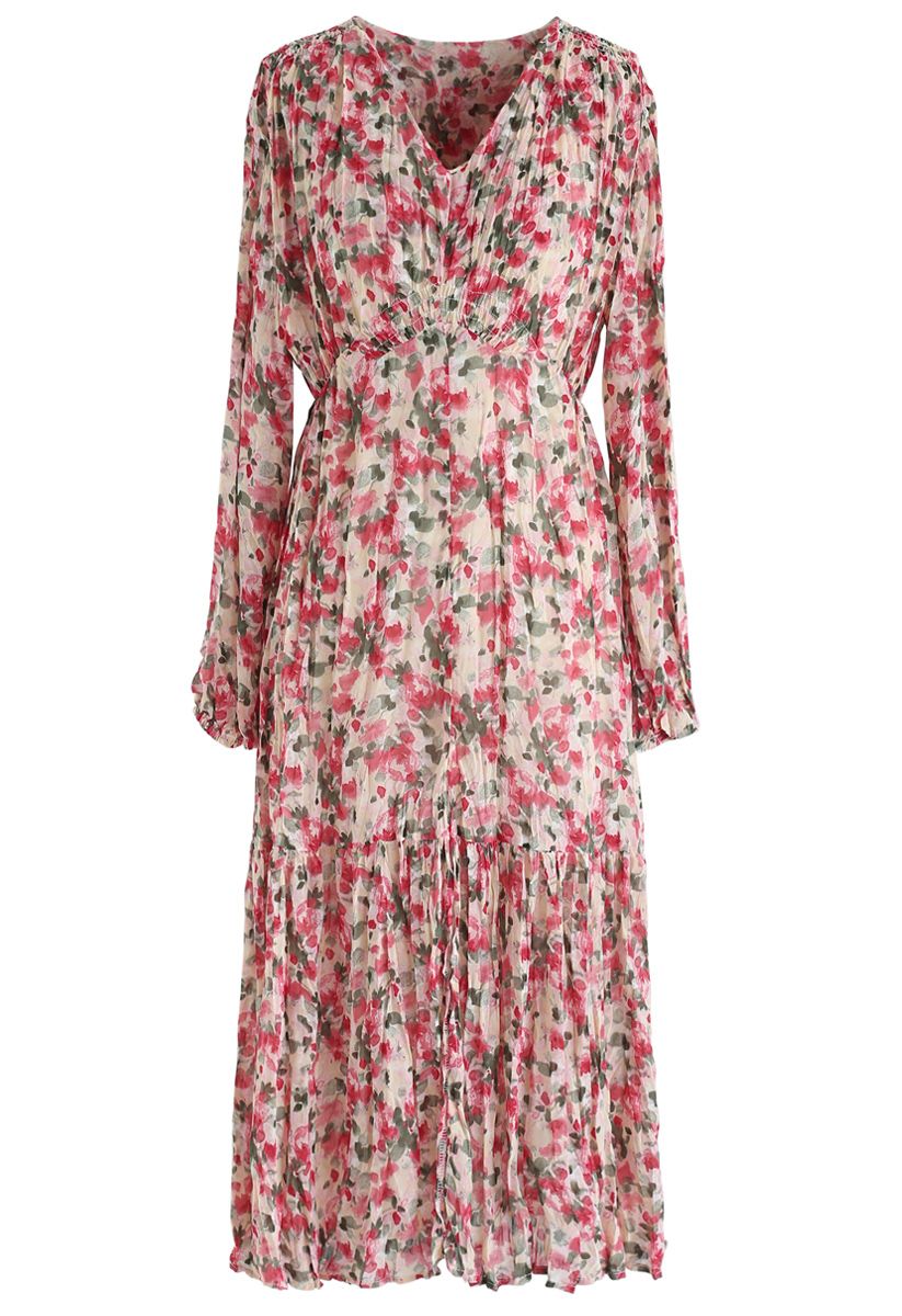 V-Neck Floral Pleated Midi Dress in Pink - Retro, Indie and Unique Fashion