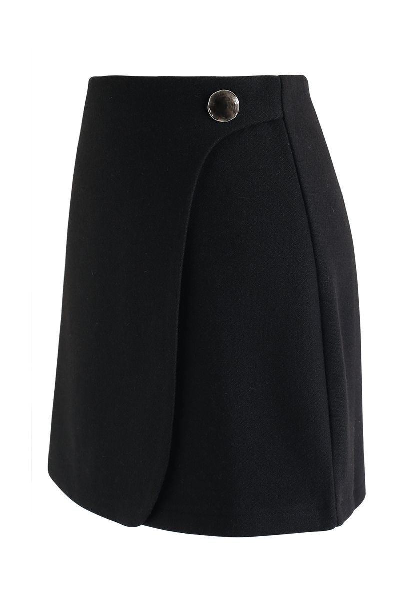 Button Decorated Flap Mini Skirt in Black