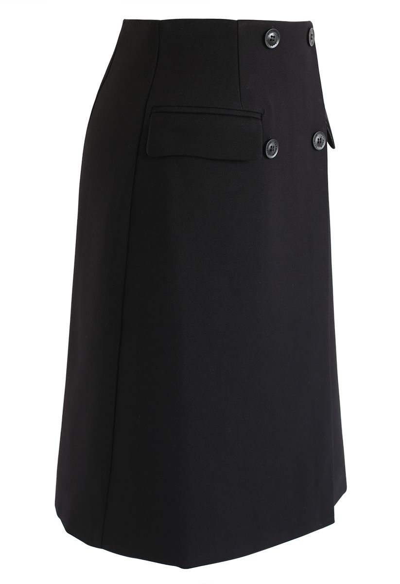 Button Decorated Flap Pockets Skirt in Black