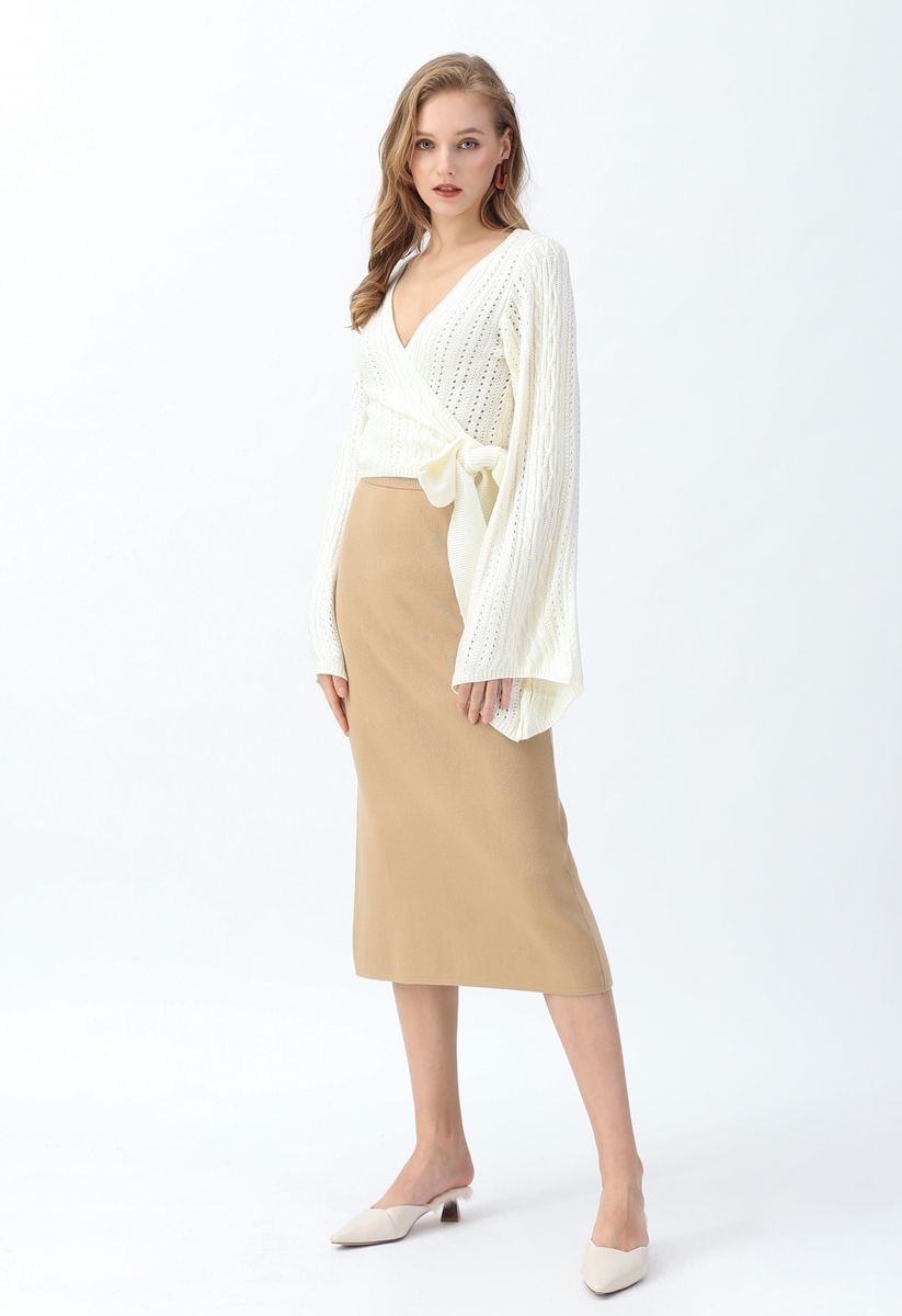 Basic Ribbed Knit Pencil Midi Skirt in Tan