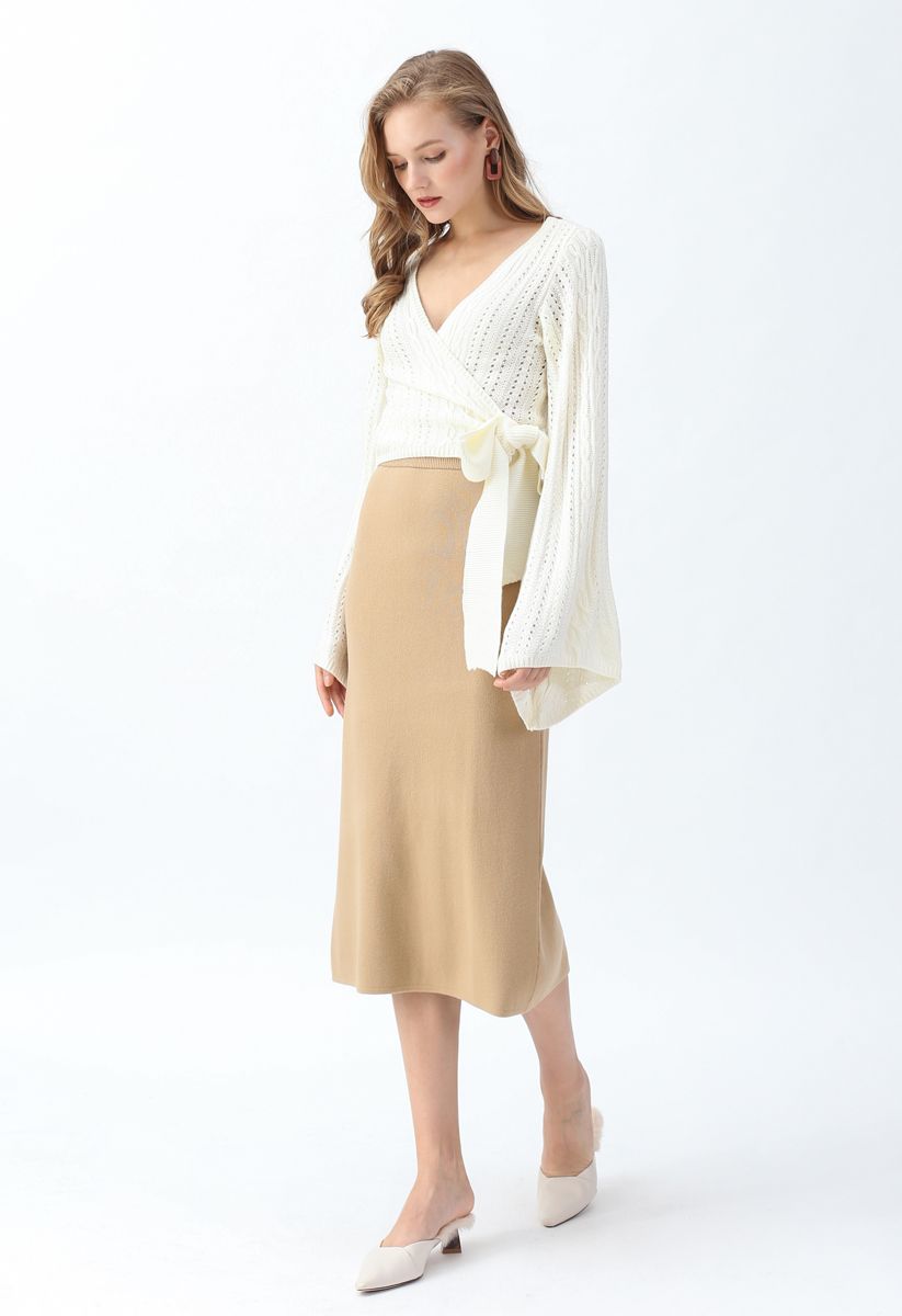 Hollow Out Flare Sleeves Wrap Knit Top in Cream