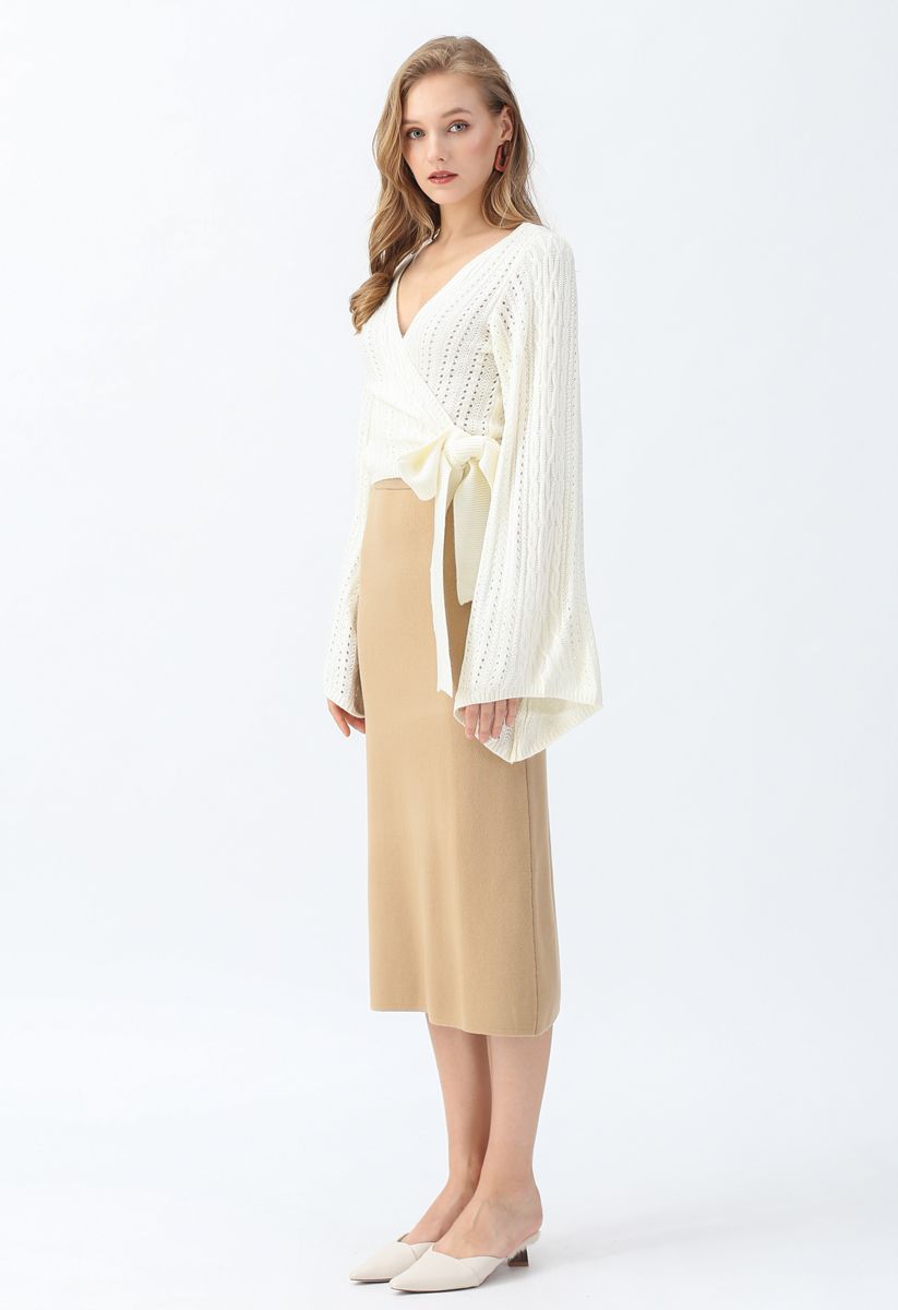 Basic Ribbed Knit Pencil Midi Skirt in Tan