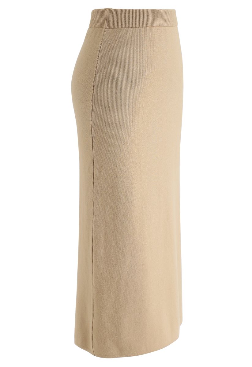 Basic Ribbed Knit Pencil Midi Skirt in Tan - Retro, Indie and Unique ...