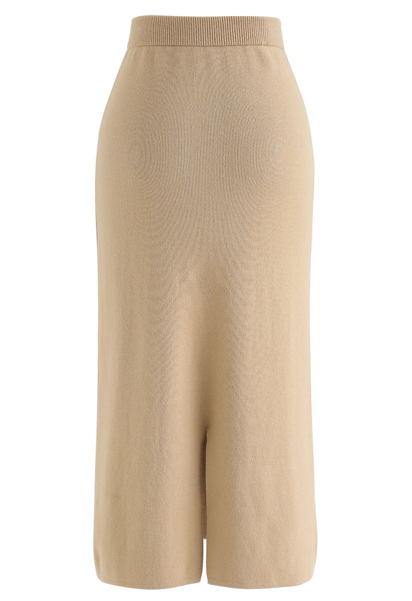 Basic Ribbed Knit Pencil Midi Skirt in Tan