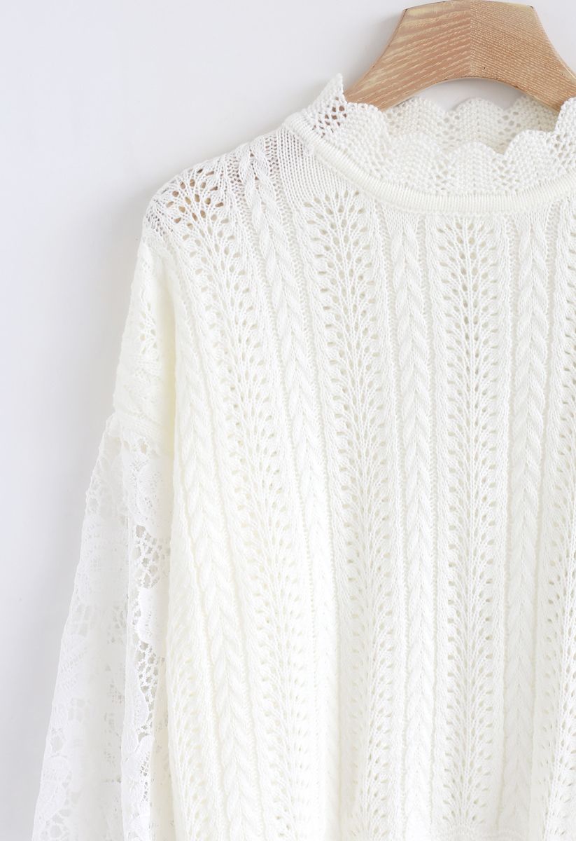 Eyelet Trim Crochet Sleeves Knit Top in White - Retro, Indie and Unique ...