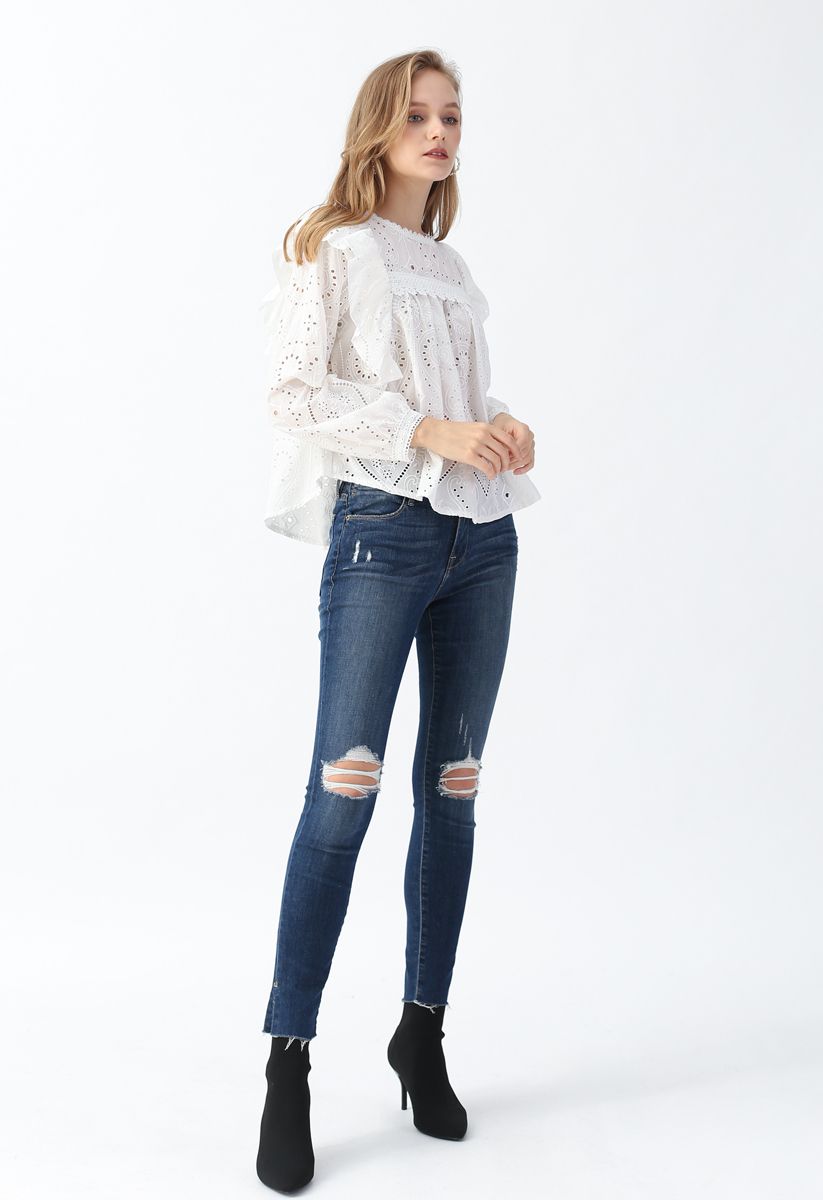 Eyelet Embroidered Ruffle Top in White