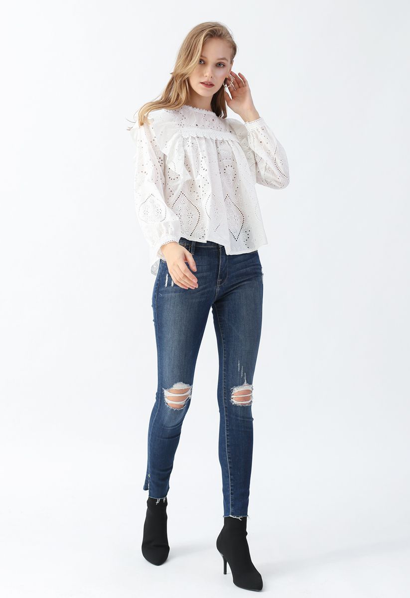 Eyelet Embroidered Ruffle Top in White