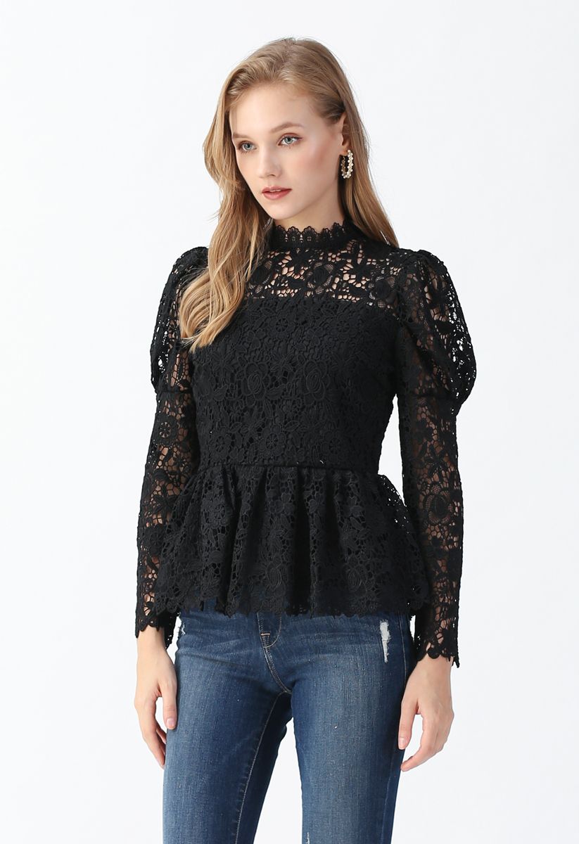 Full Floral Crochet Peplum Top in Black - Retro, Indie and Unique Fashion