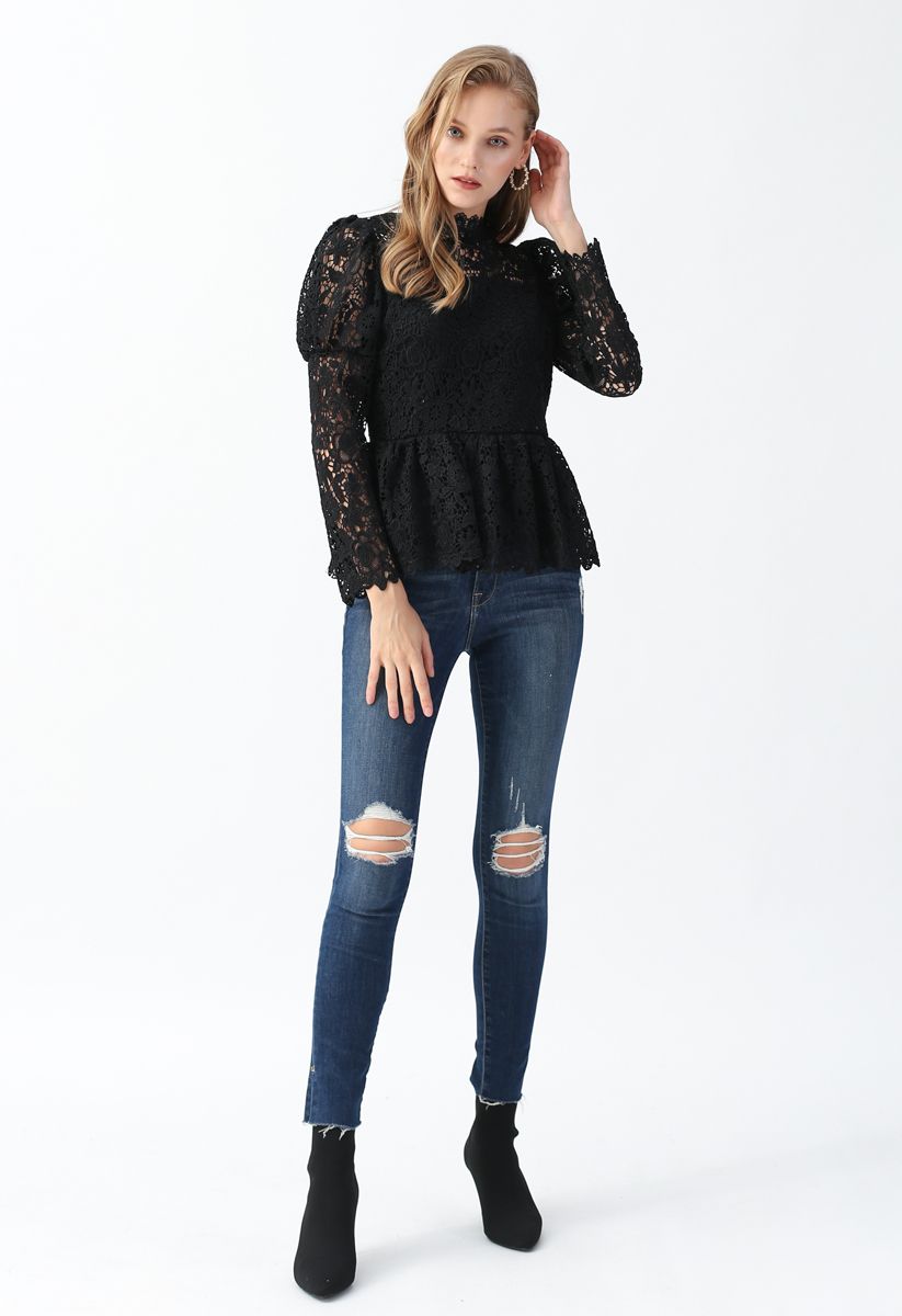 Full Floral Crochet Peplum Top in Black