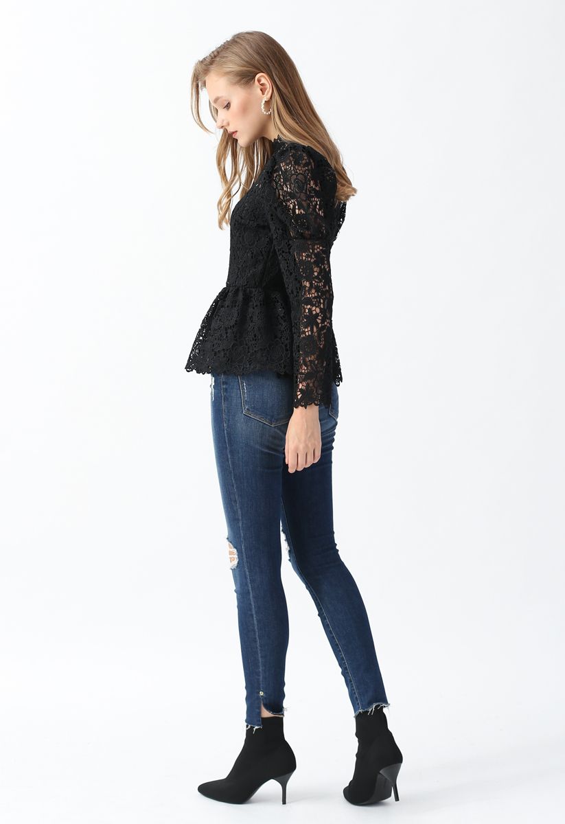 Full Floral Crochet Peplum Top in Black