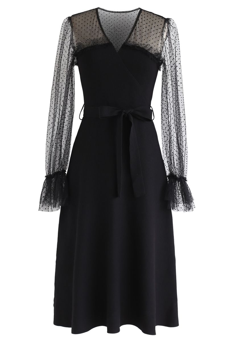 Dreamy Dots Sheer Sleeves Knit Dress in Black