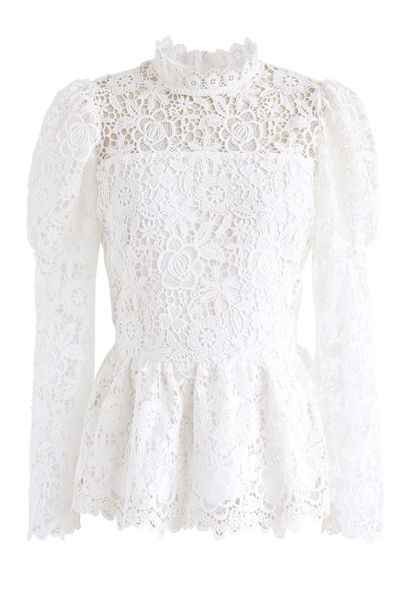 Full Floral Crochet Peplum Top in White