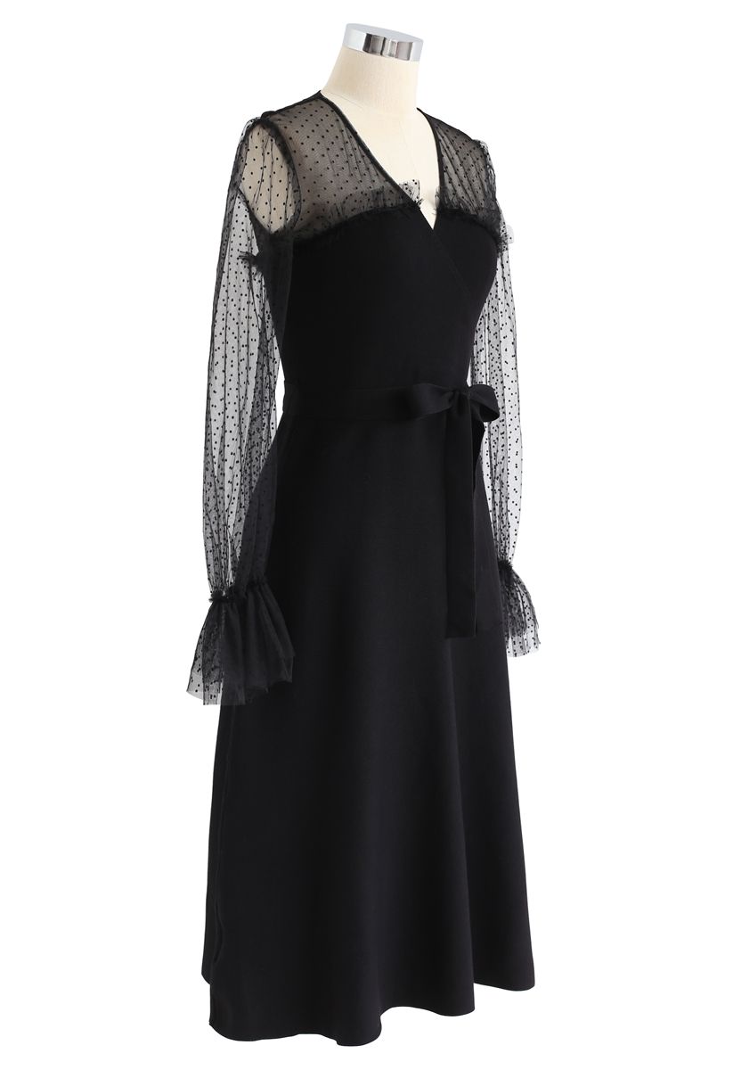 Dreamy Dots Sheer Sleeves Knit Dress in Black