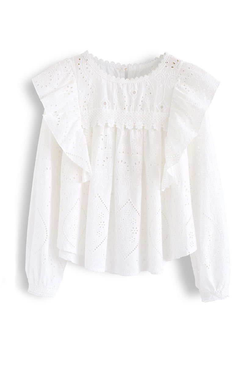 Eyelet Embroidered Ruffle Top in White