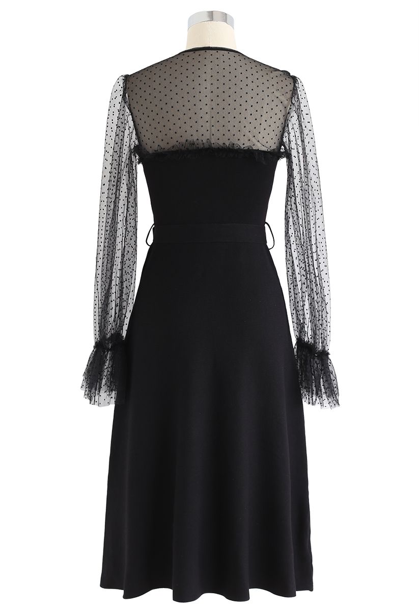 Dreamy Dots Sheer Sleeves Knit Dress in Black