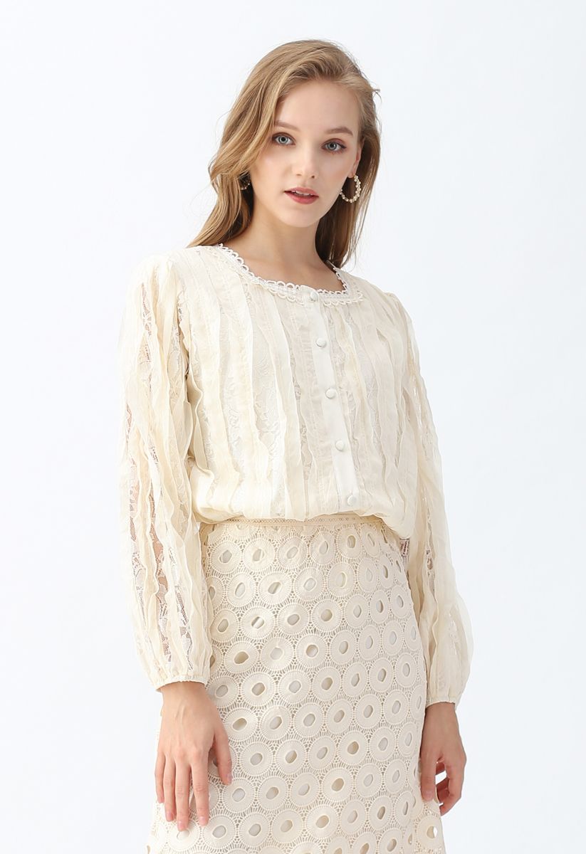 Square Neck Lace Button Top in Cream