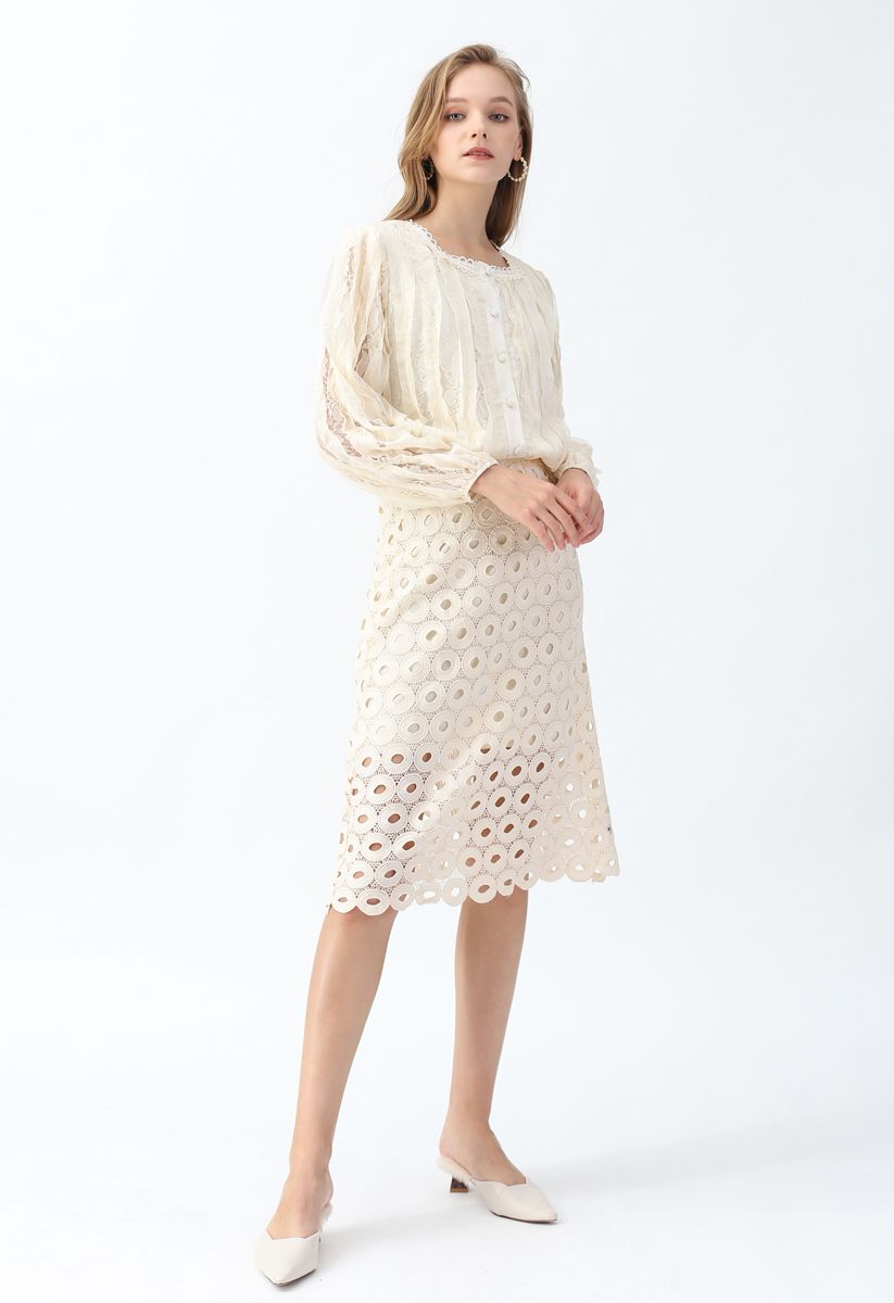 Square Neck Lace Button Top in Cream