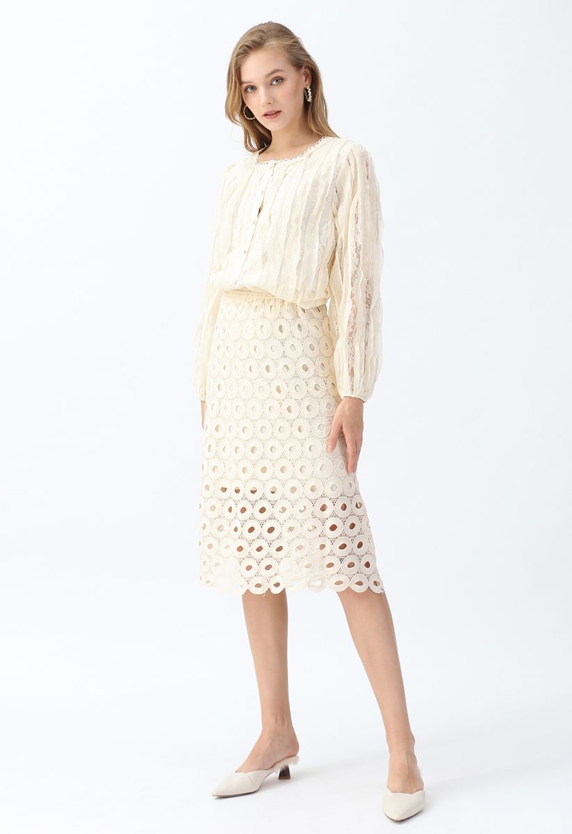 Square Neck Lace Button Top in Cream