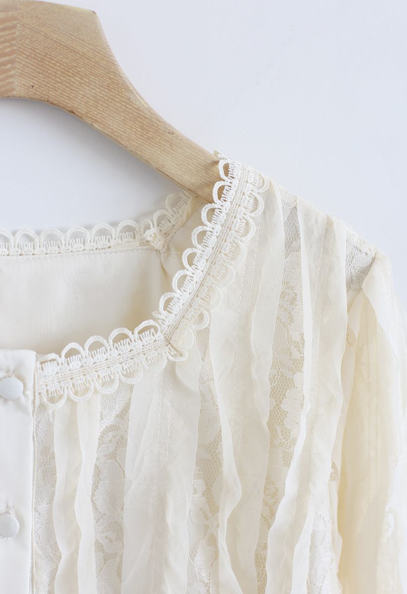 Square Neck Lace Button Top in Cream