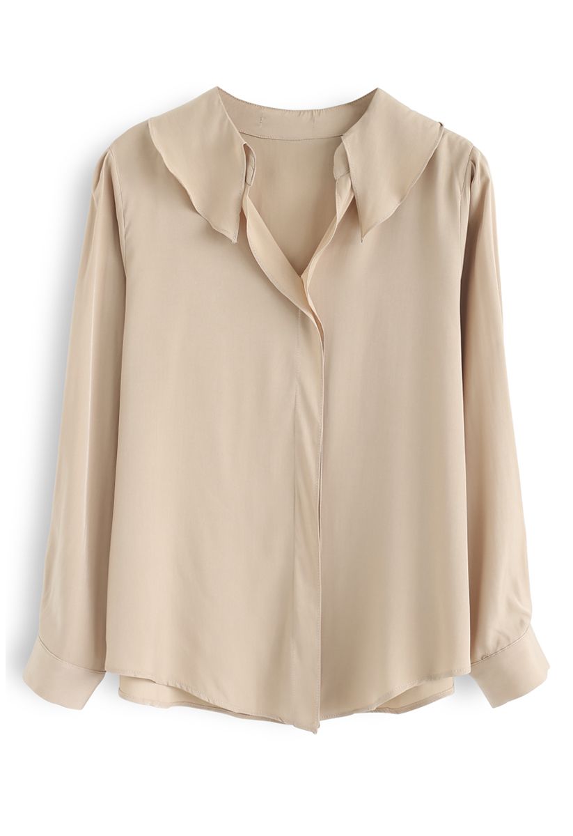 Ruffle V-Neck Smock Top in Light Tan - Retro, Indie and Unique Fashion