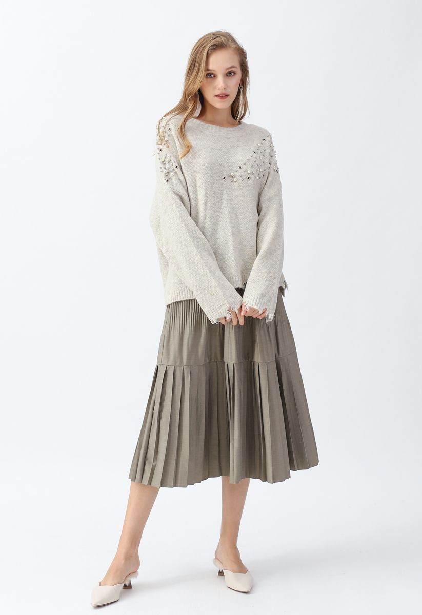 Pearls and Beads Raw Hem Oversize Knit Sweater - Retro, Indie and ...