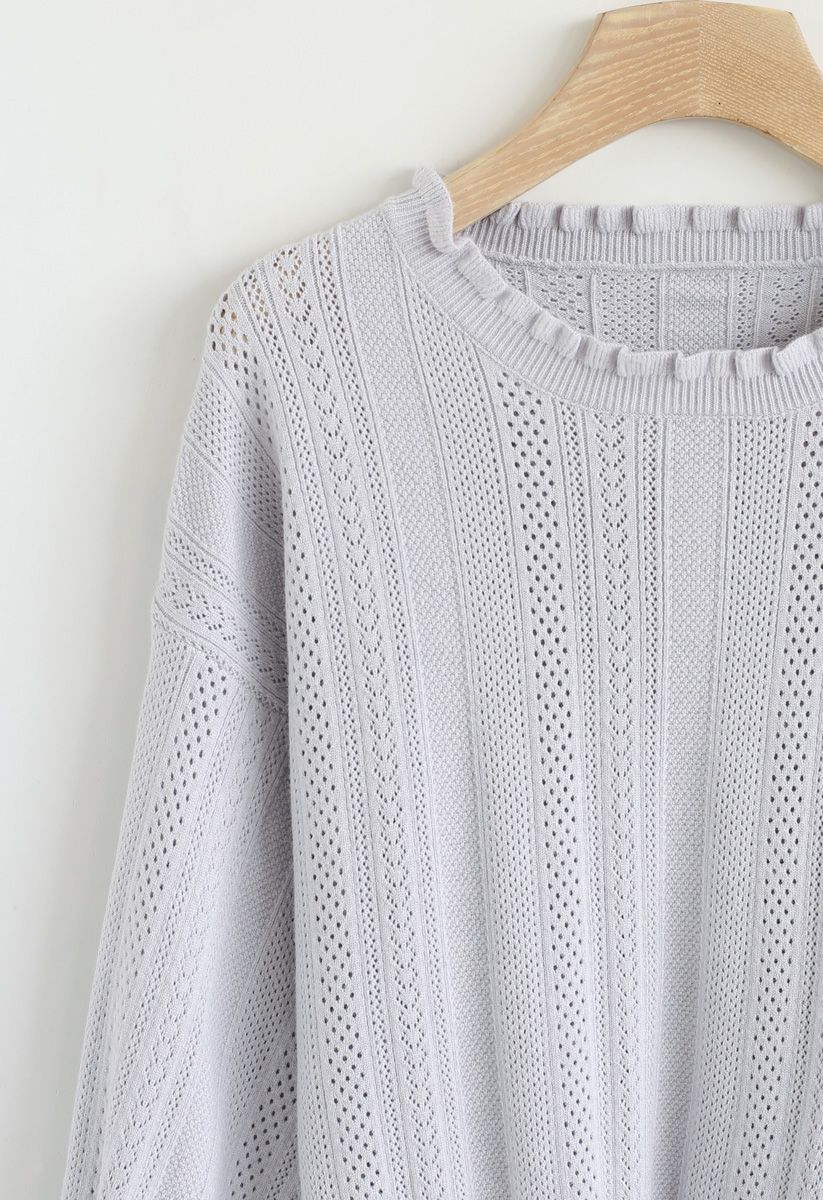 Eyelet Trim Frilling Neck Knit Sweater in Light Grey - Retro, Indie and ...
