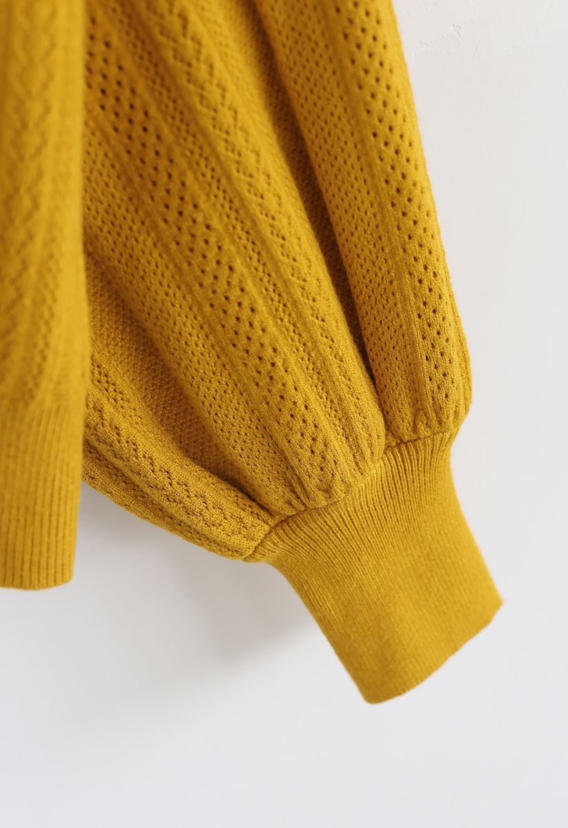 Eyelet Trim Frilling Neck Knit Sweater in Mustard - Retro, Indie and ...