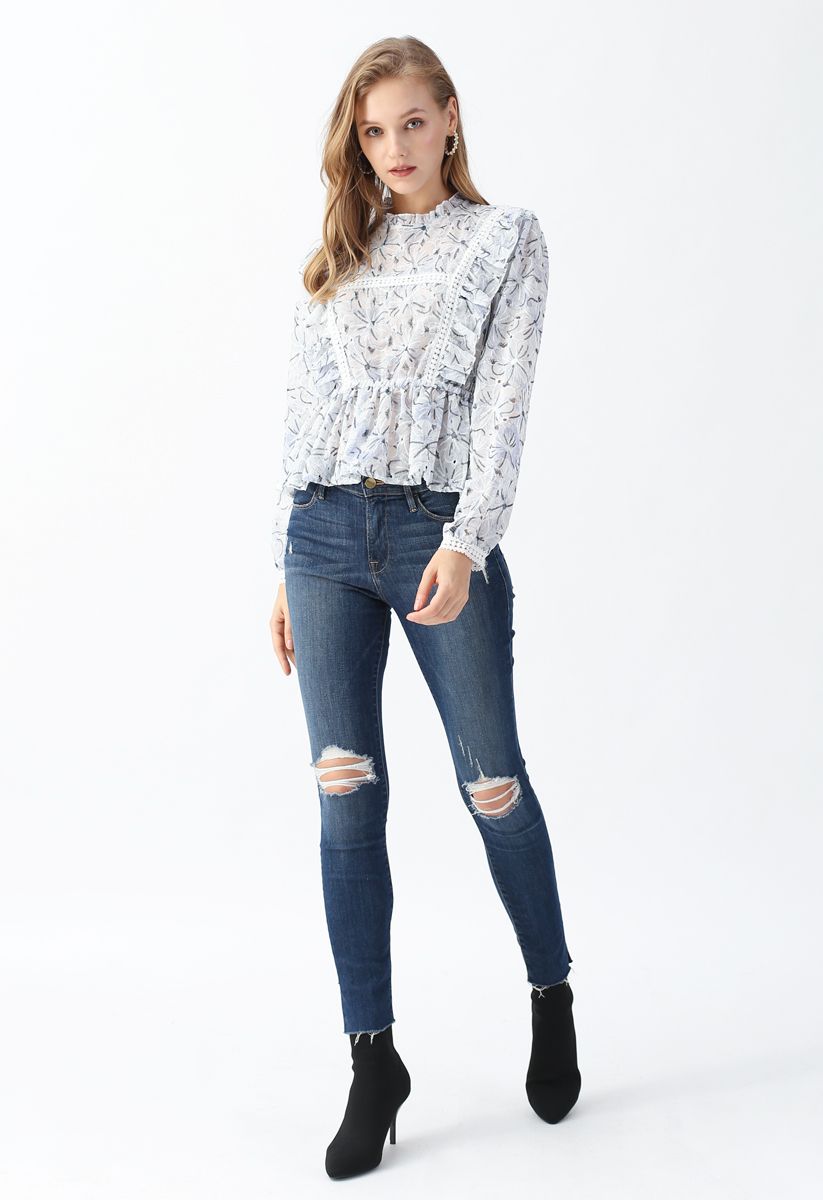 Embroidered Floral Ruffle Semi-Sheer Top