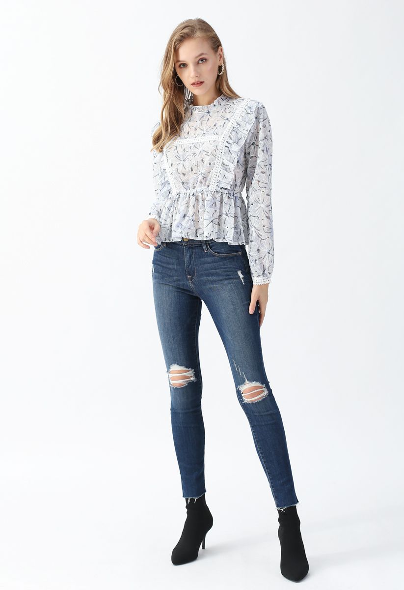 Embroidered Floral Ruffle Semi-Sheer Top