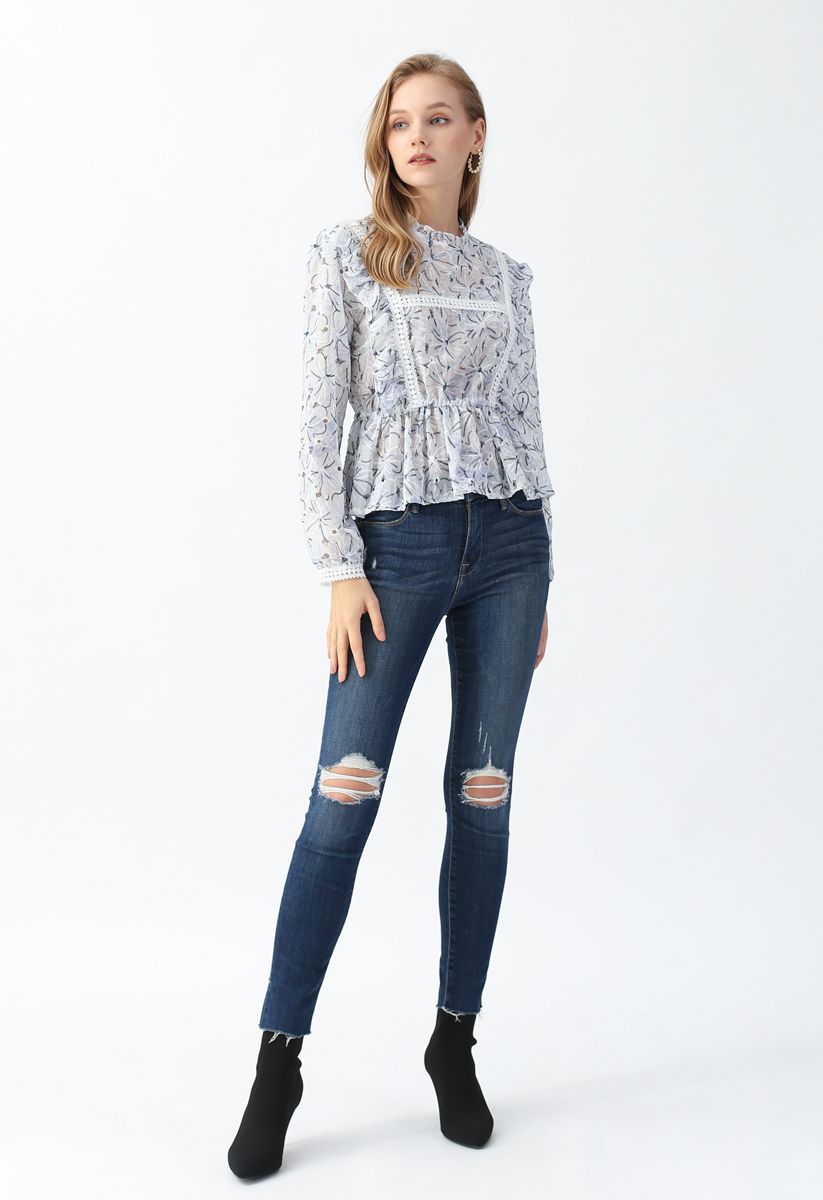 Embroidered Floral Ruffle Semi-Sheer Top