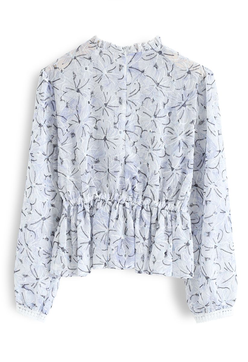 Embroidered Floral Ruffle Semi-Sheer Top