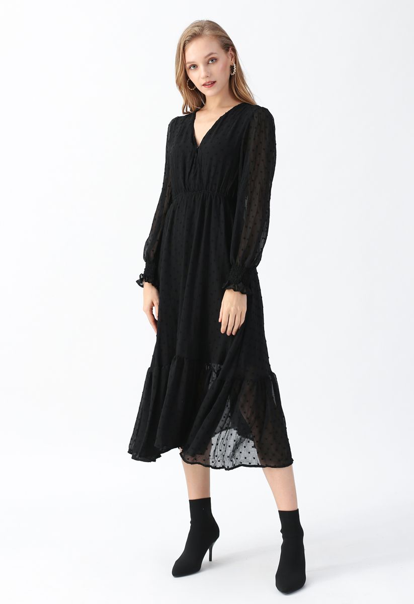 Loveliness Dots Pleated Midi Dress in Black