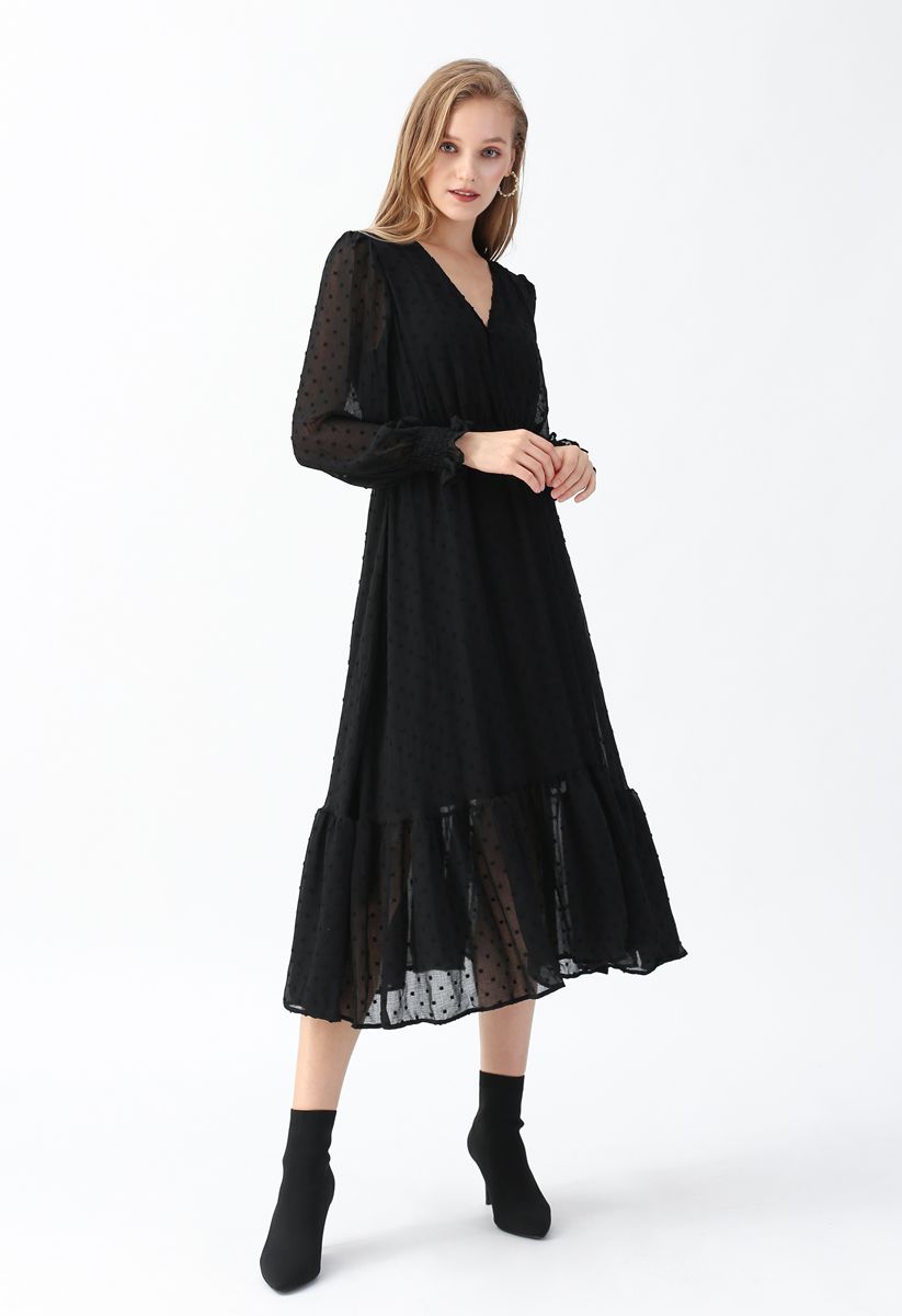 Loveliness Dots Pleated Midi Dress in Black