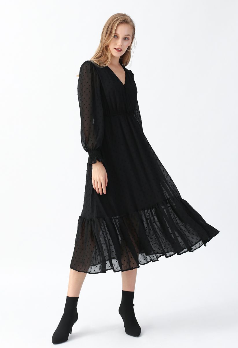 Loveliness Dots Pleated Midi Dress in Black