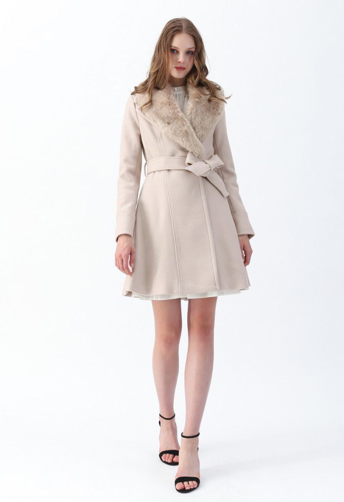 Faux Fur Collar Belted Flare Coat in Nude Pink - Retro, Indie and