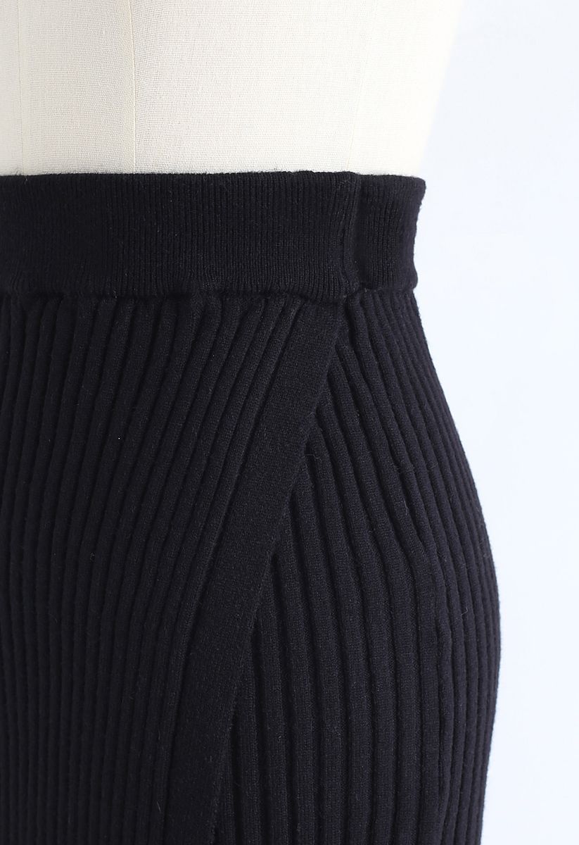 Neat Split Hem Ribbed Knit Skirt in Black - Retro, Indie and Unique Fashion