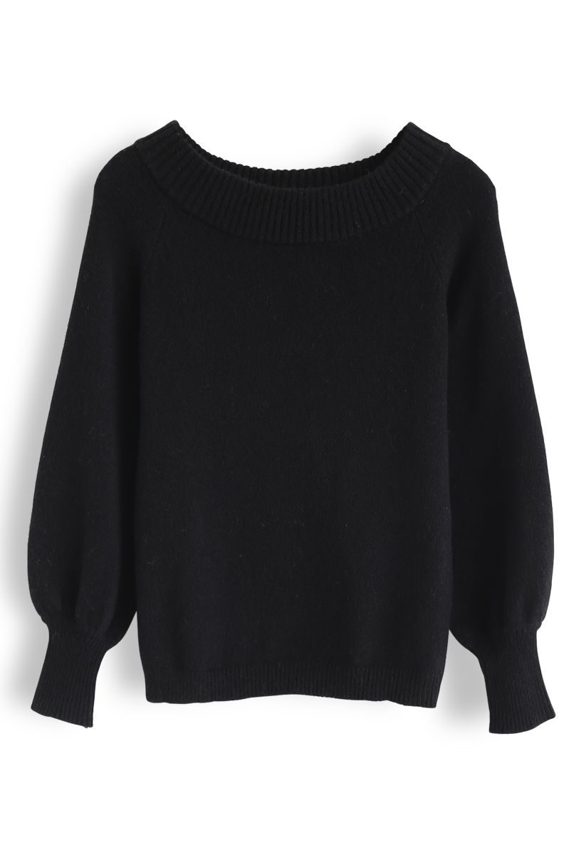 Puff Sleeves Off-Shoulder Fluffy Knit Sweater in Black - Retro, Indie ...