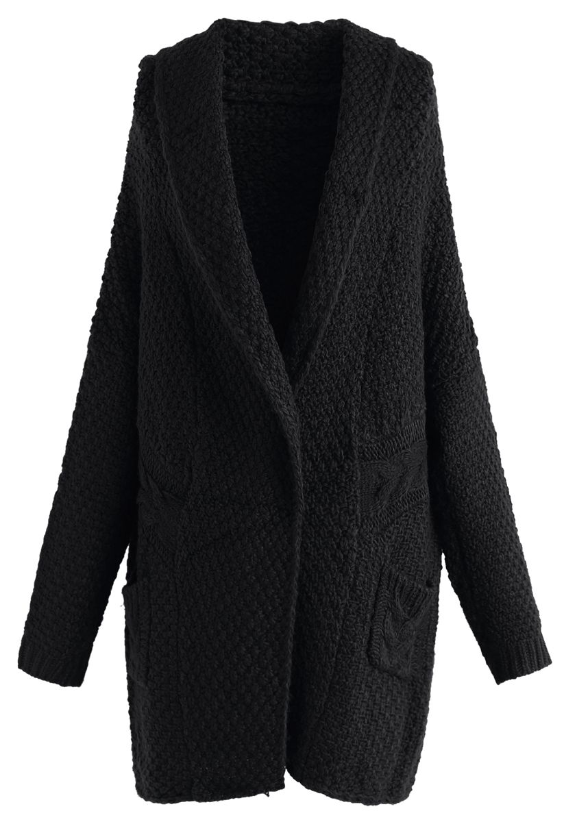 Shawl Neck Pocket Chunky Knit Cardigan in Black