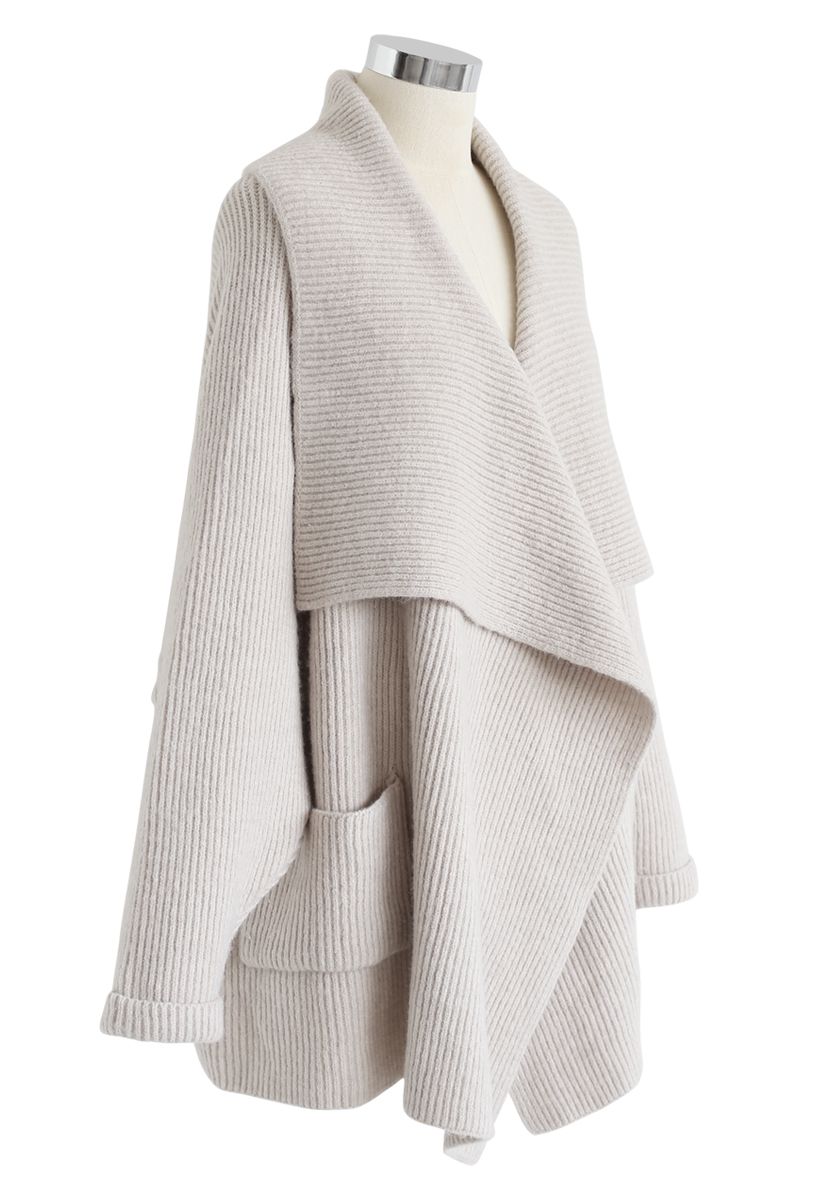 Pockets Ribbed Knit Drape Cardigan