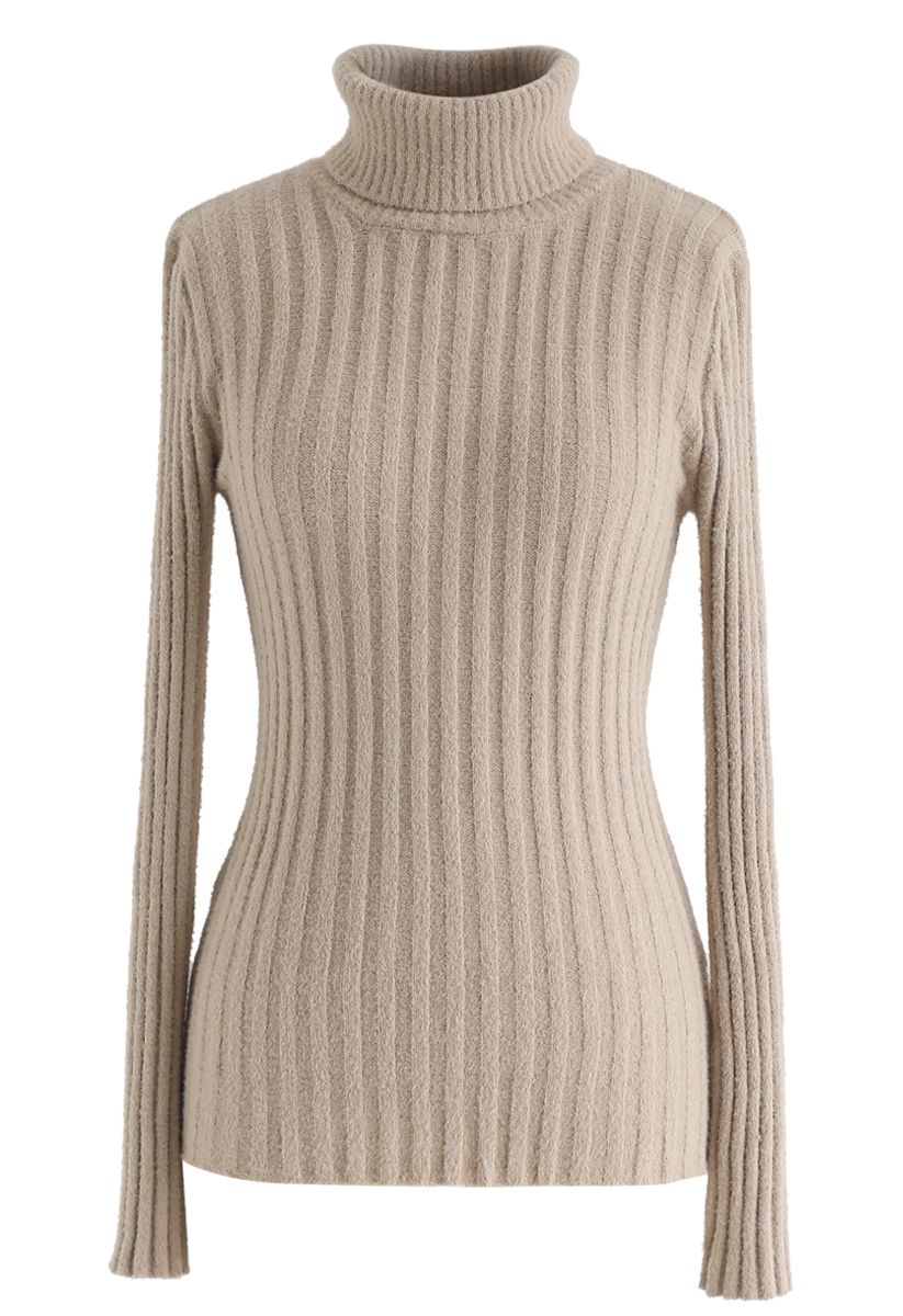 Fitted Turtleneck Fluffy Knit Sweater in Camel