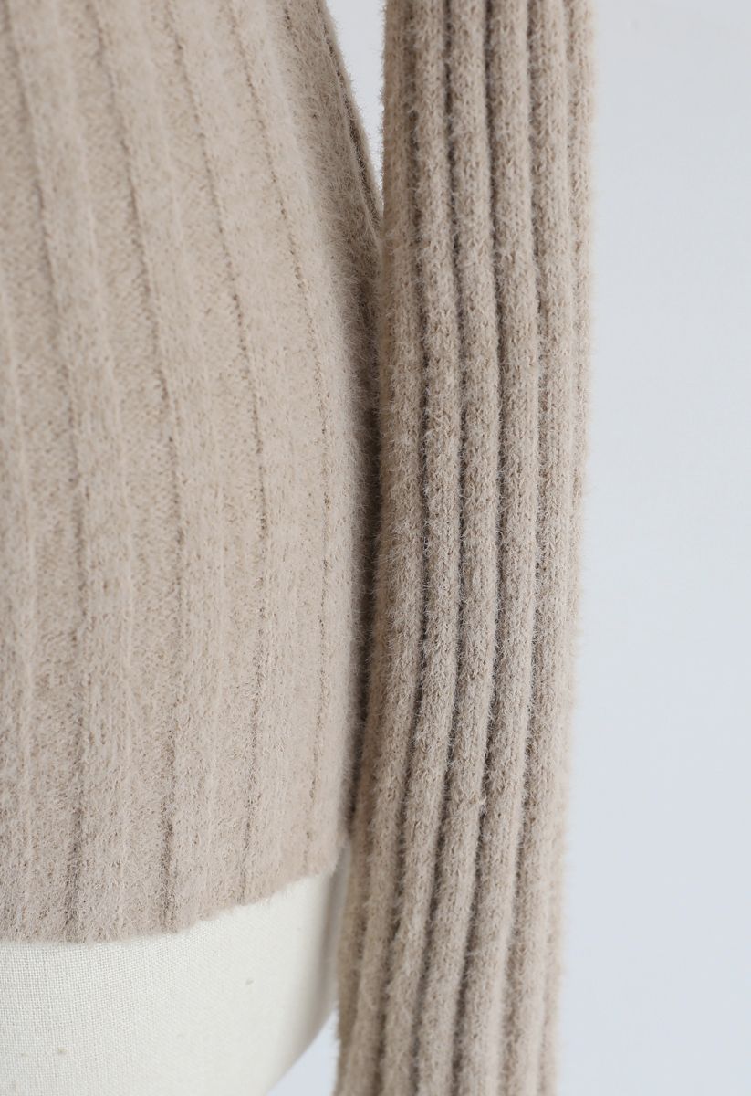 Fitted Turtleneck Fluffy Knit Sweater in Camel