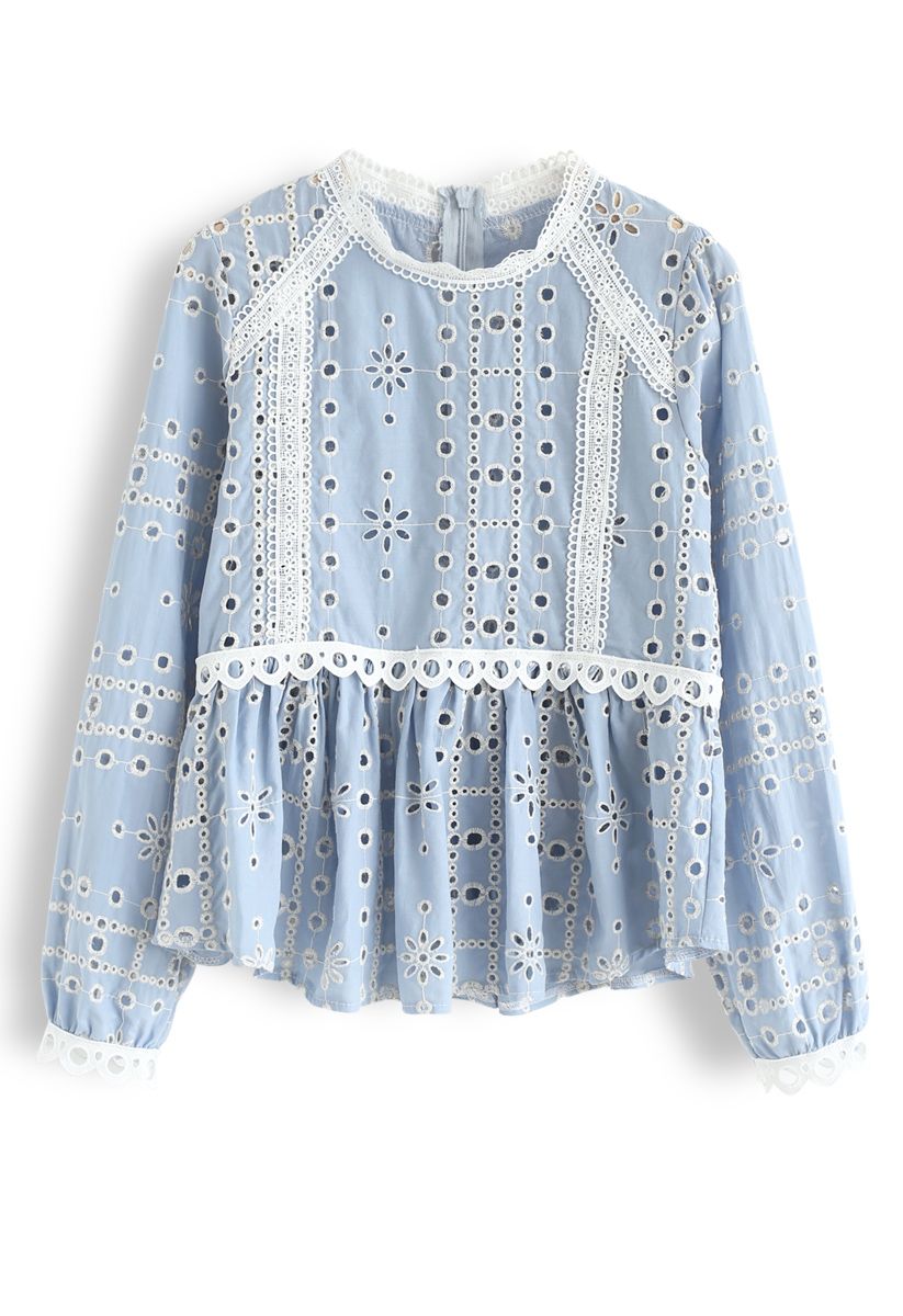 Frilling Embroidered Eyelet Crochet Top in Blue - Retro, Indie and ...